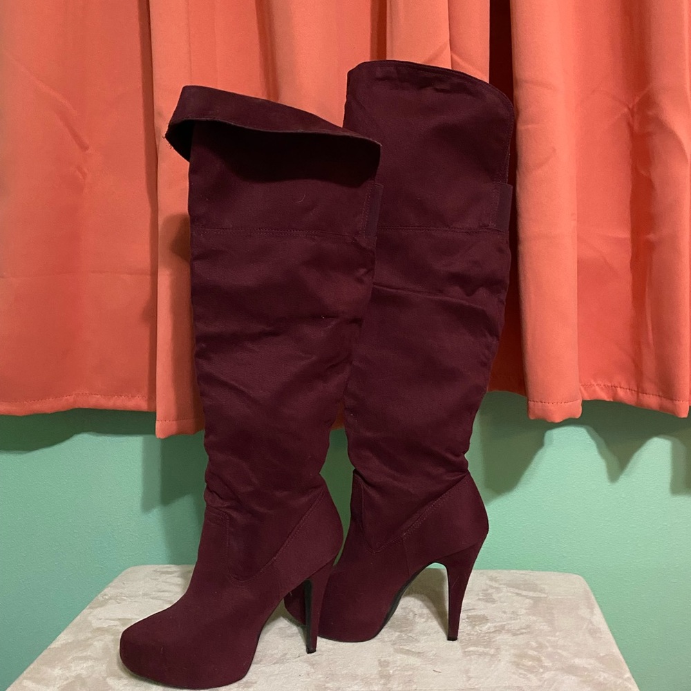 Cranberry color suede knee high boots